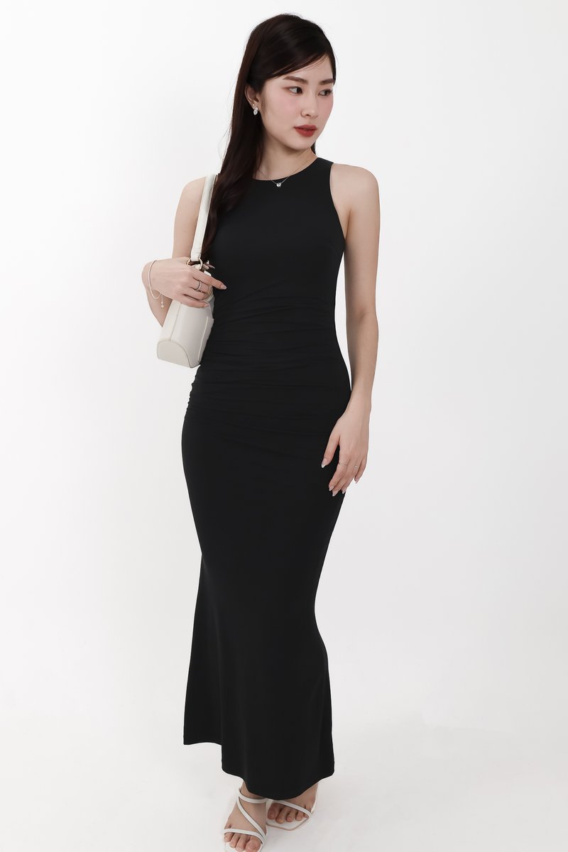Mira Maxi Ruched Dress in Black ( Regular Length )