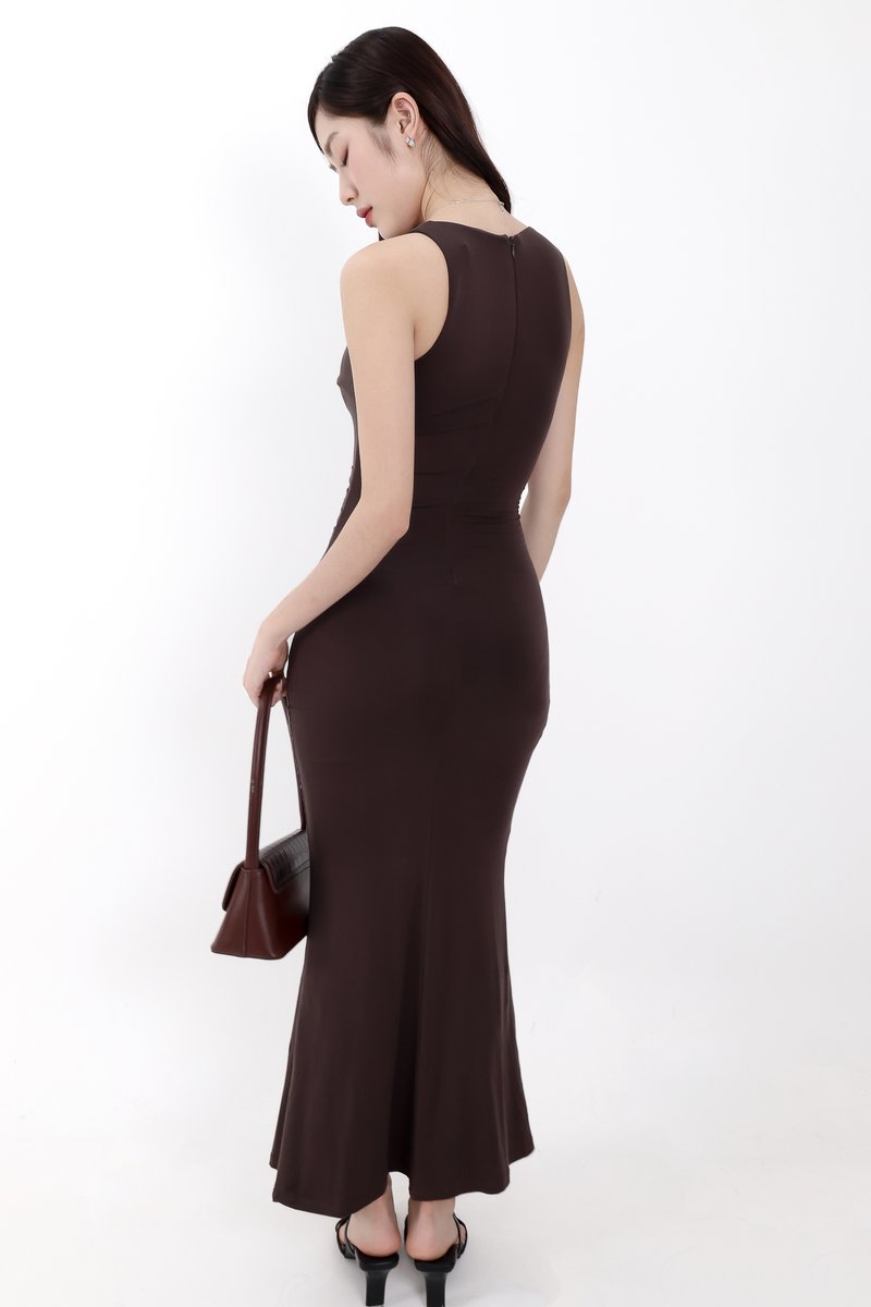 Mira Maxi Ruched Dress in Dark Brown ( Regular Length )