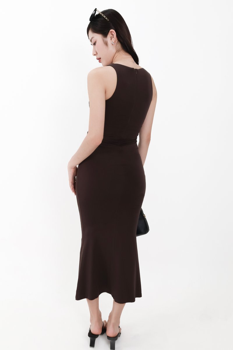 Mira Maxi Ruched Dress in Dark Brown ( Petite Length )