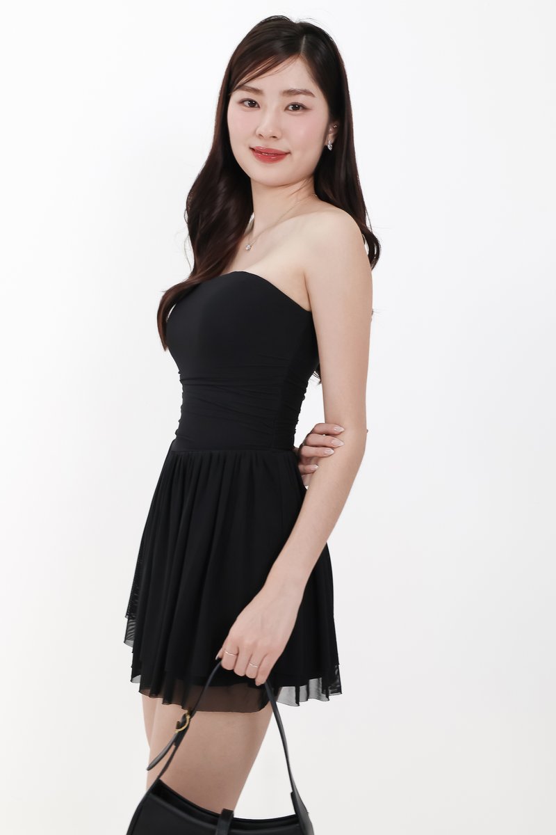 Mardy Mesh Romper Dress in Black