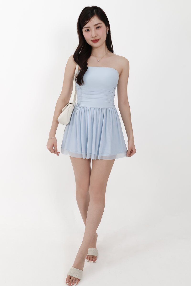 Mardy Mesh Romper Dress in Pastel Blue
