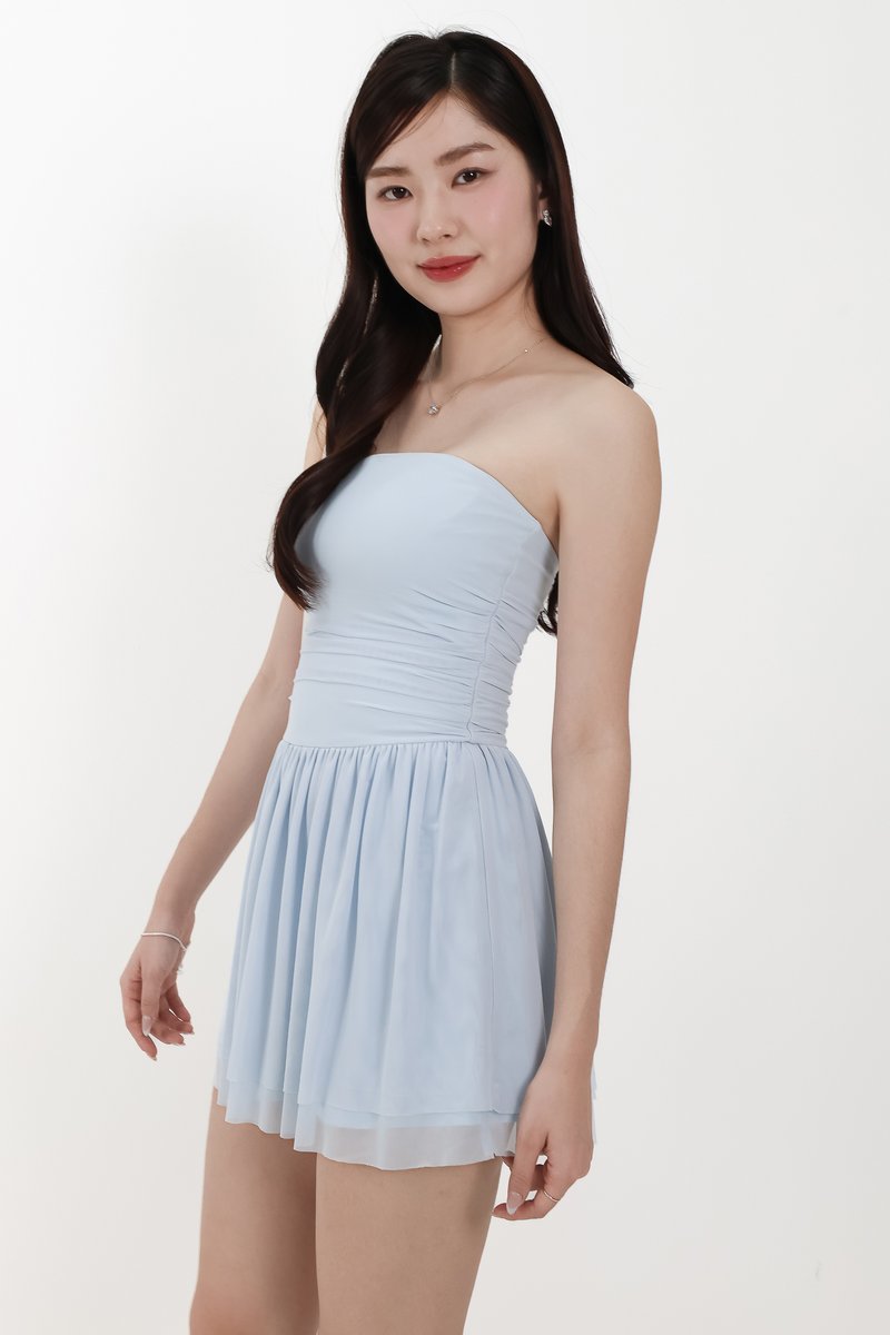 Mardy Mesh Romper Dress in Pastel Blue