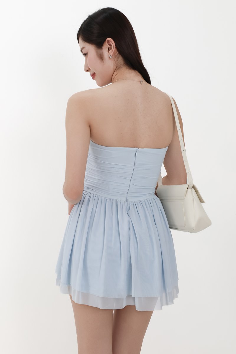 Mardy Mesh Romper Dress in Pastel Blue