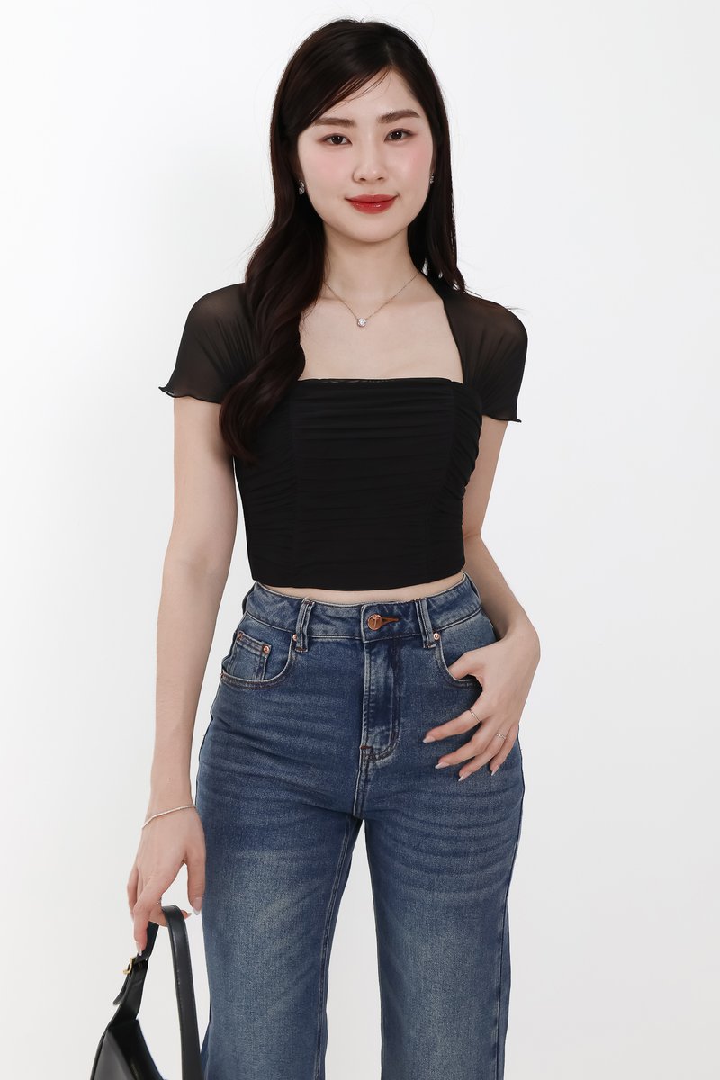 Sebin Sleeved Mesh Top in Black