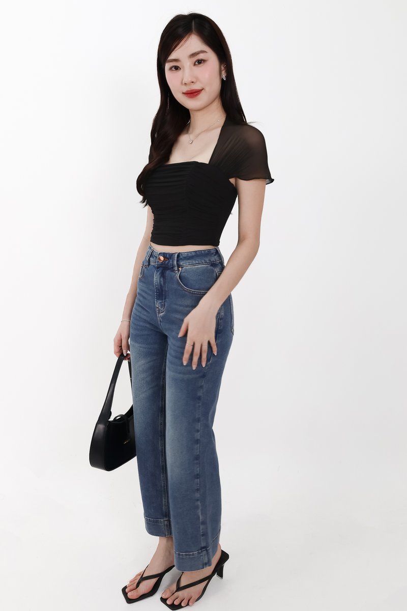 Sam Straight Cut Cuffed Hem Denim Jeans in Dark Wash ( Petite Length )