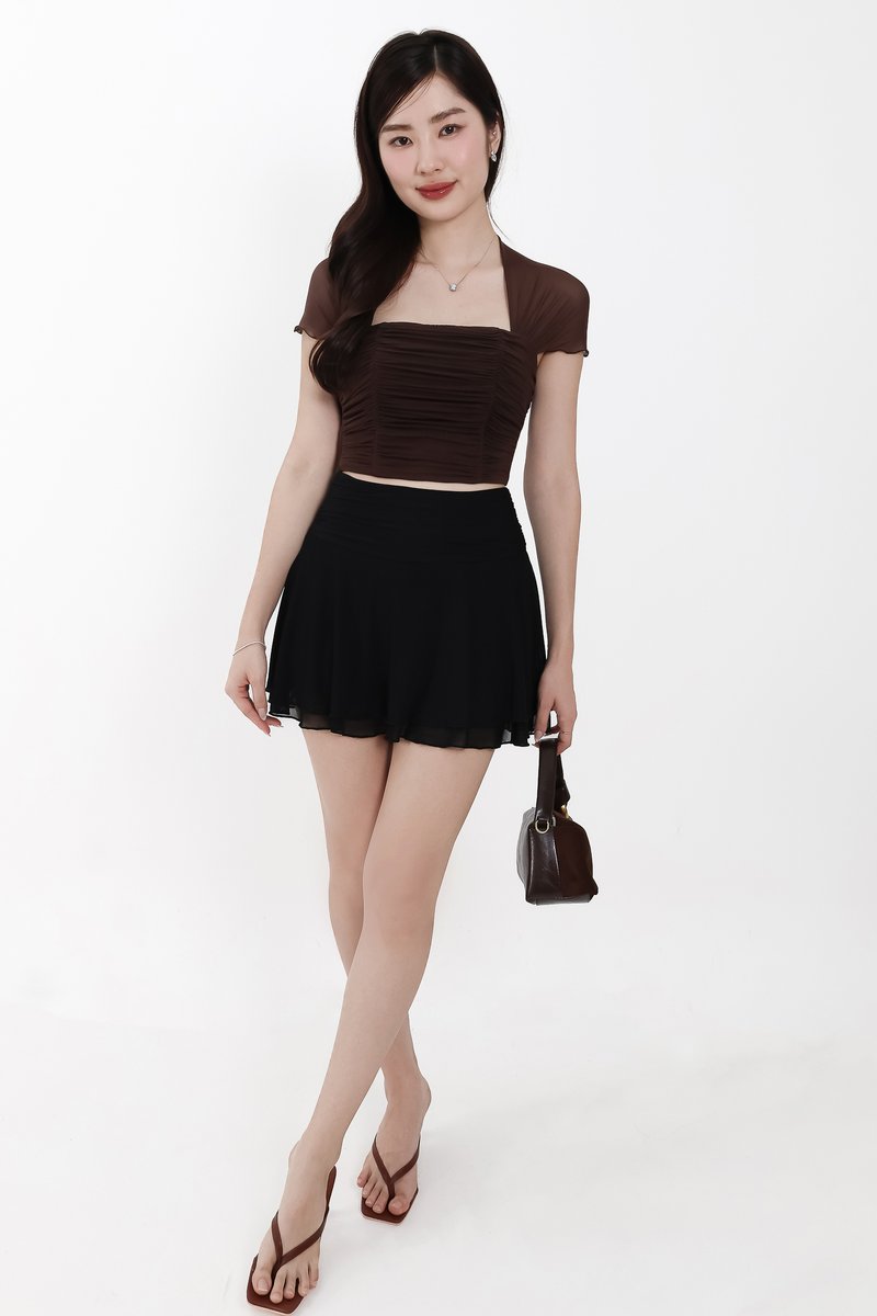 Sebin Sleeved Mesh Top in Dark Brown