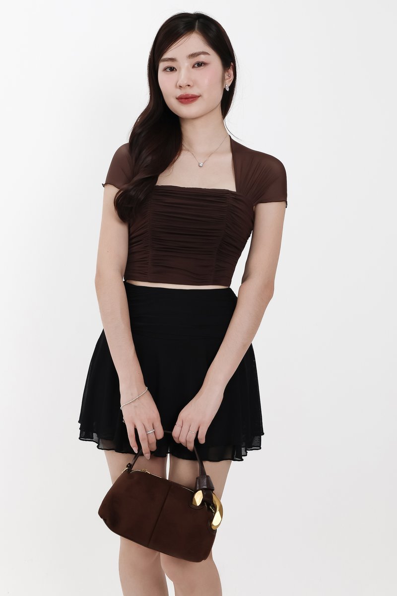 Sebin Sleeved Mesh Top in Dark Brown