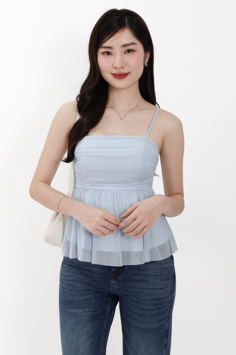 Pyorin Peplum Mesh Top in Pastel Blue