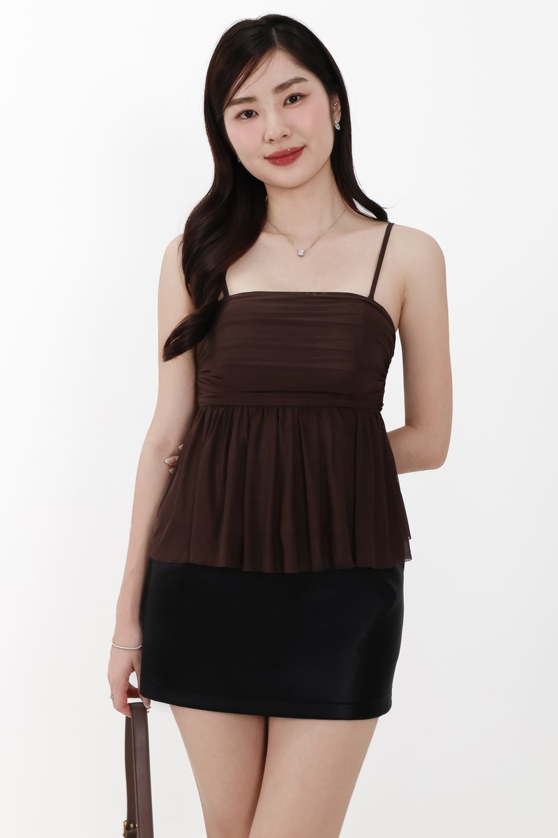 Pyorin Peplum Mesh Top in Dark Brown