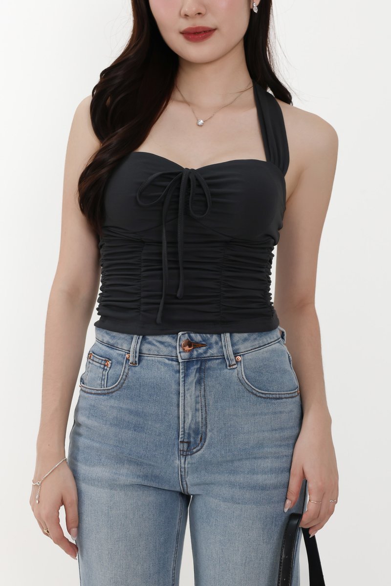 Roxie Ruched Halter Top in Dark Grey