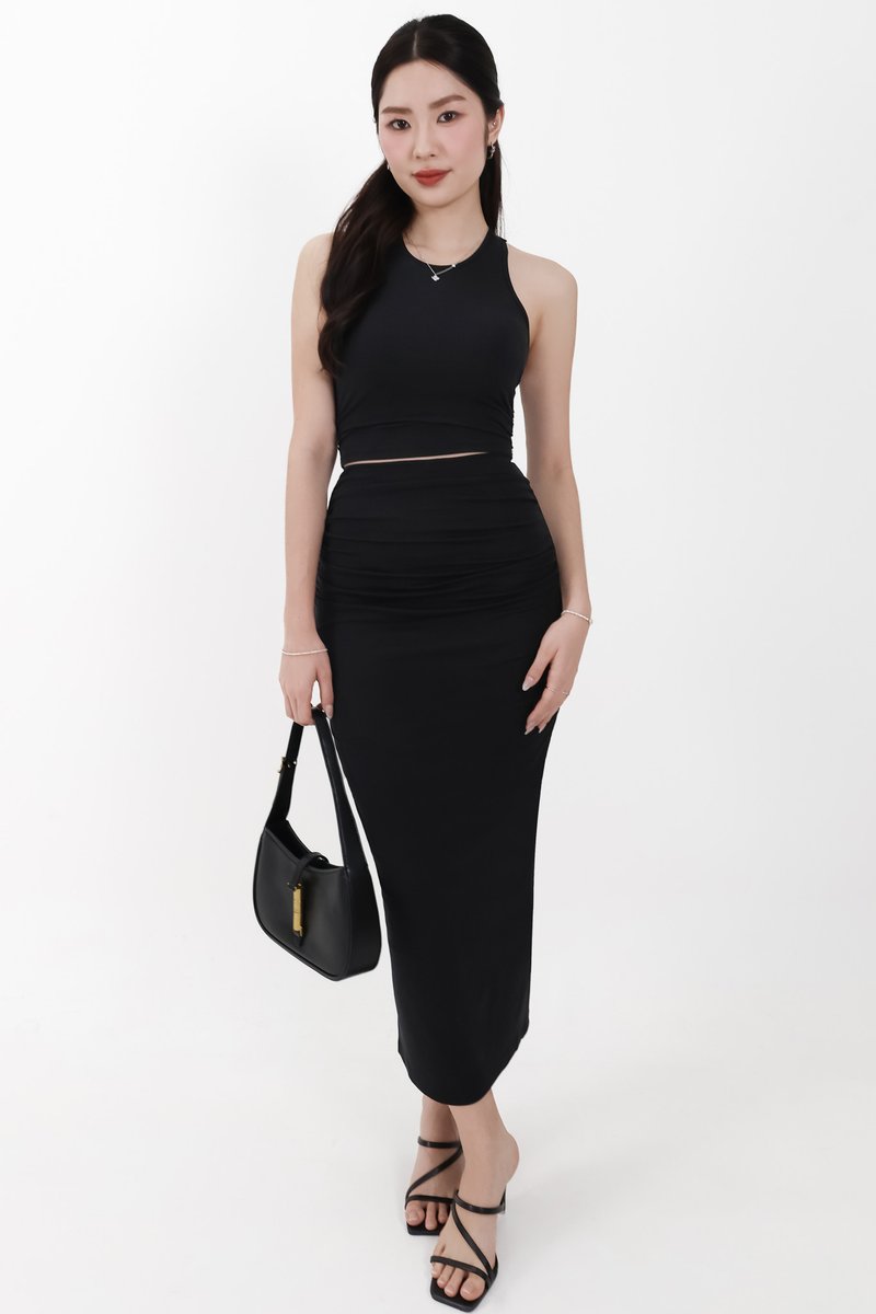 Corina Co-ord Ruched Maxi Skirt in Black ( Petite Length )