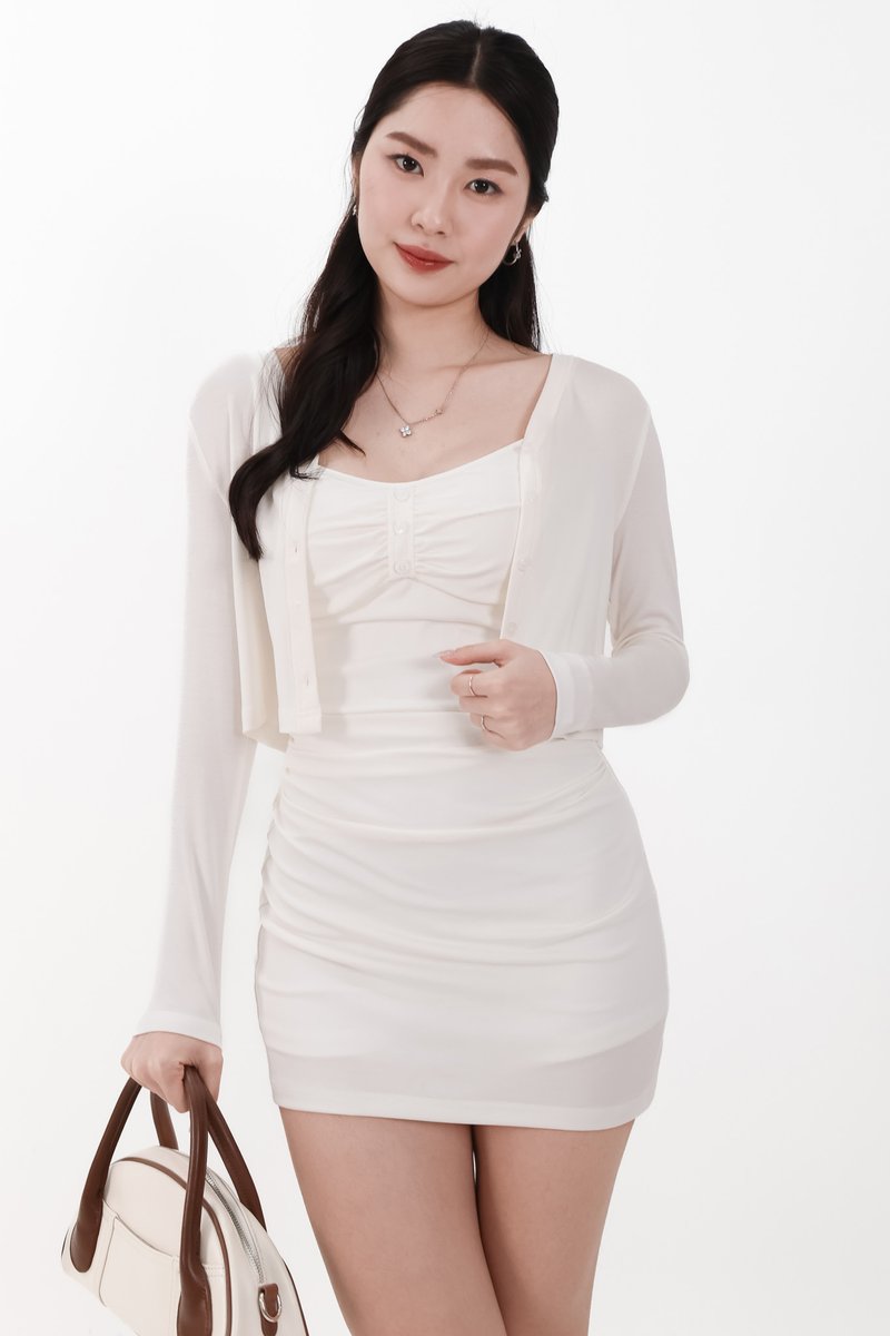 Chaewon Cardigan Romper Dress Set in White