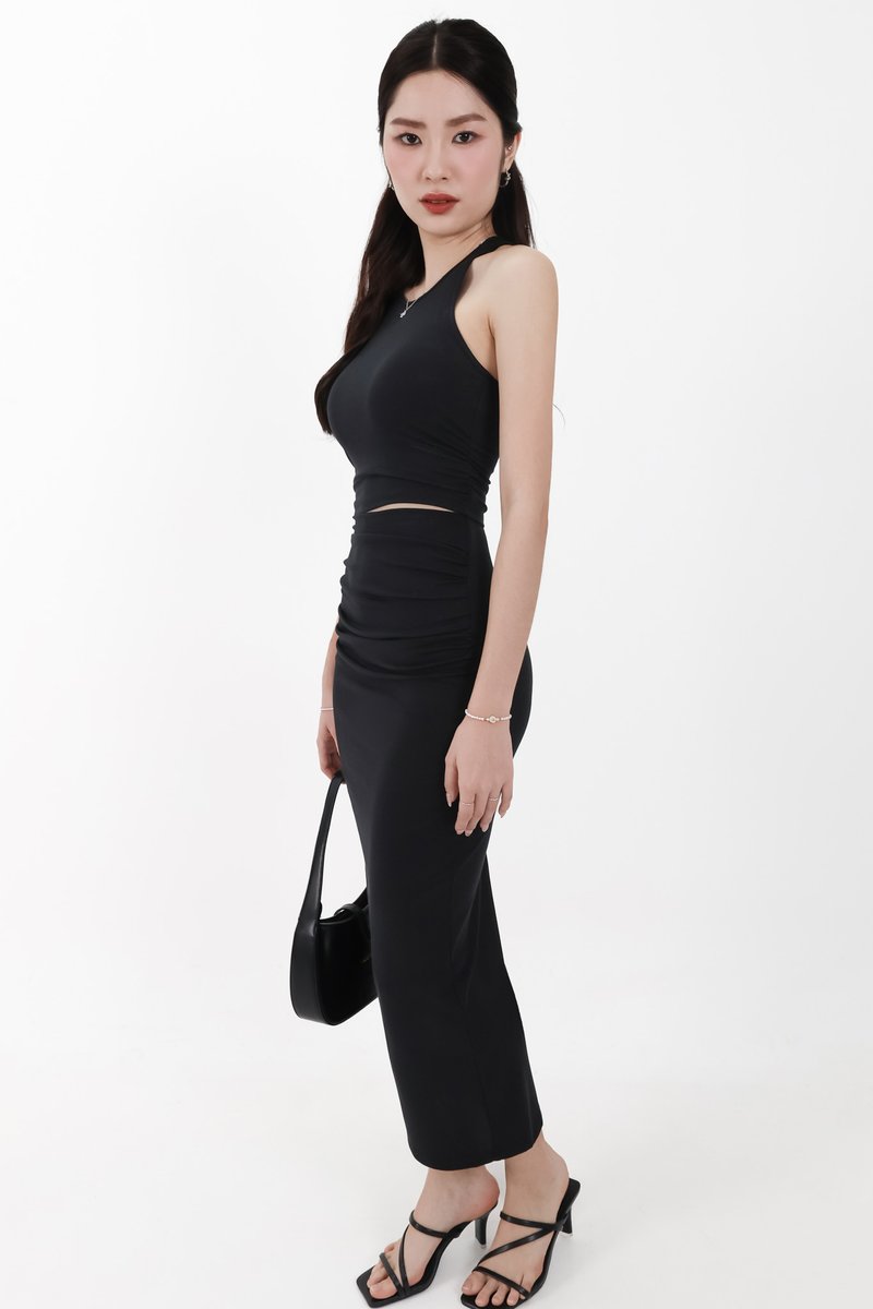 Corina Co-ord Ruched Maxi Skirt in Black ( Petite Length )