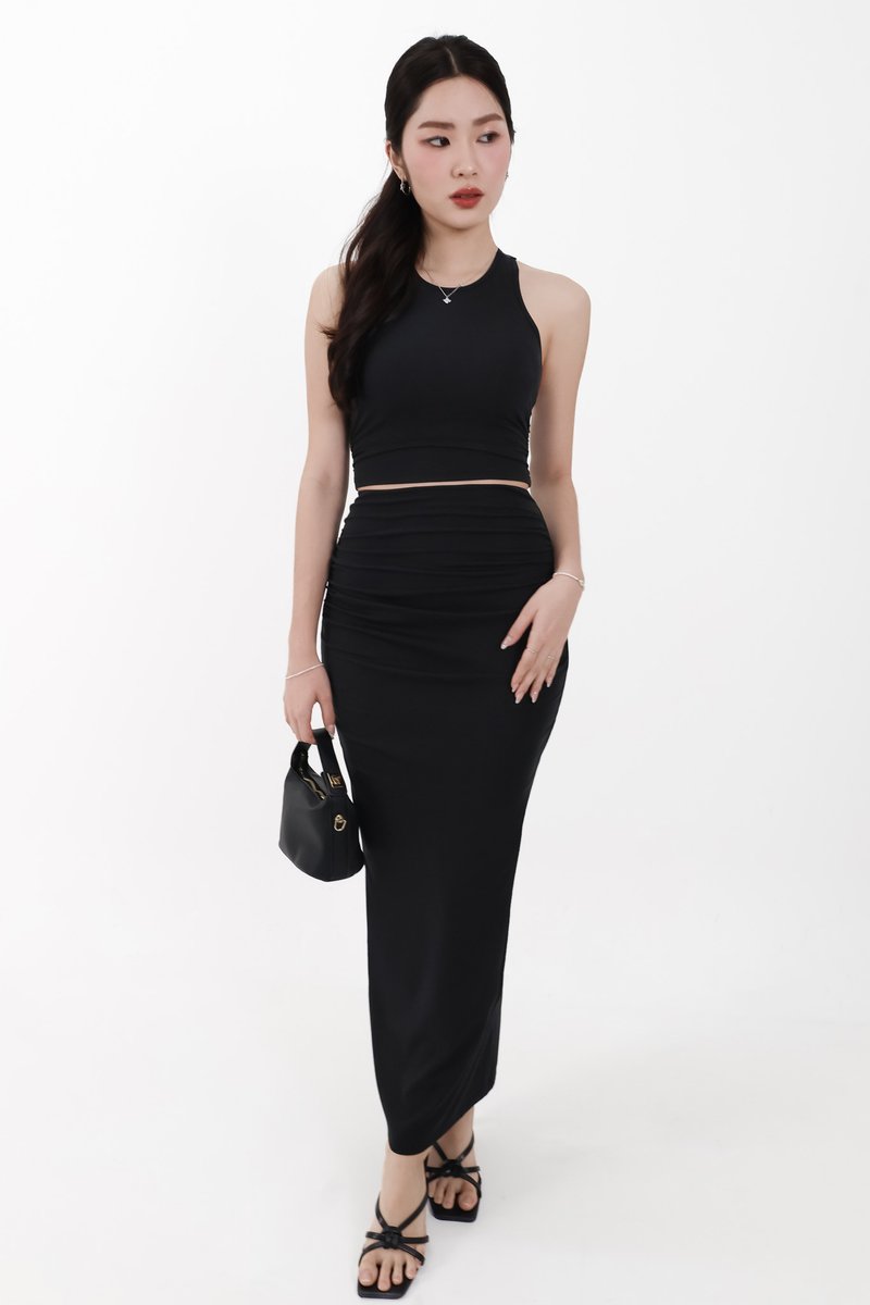 Corina Co-ord Ruched Maxi Skirt in Black ( Petite Length )