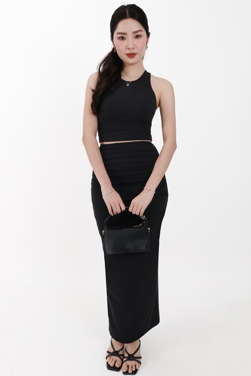 Corina Co-ord Ruched Maxi Skirt in Black ( Petite Length )