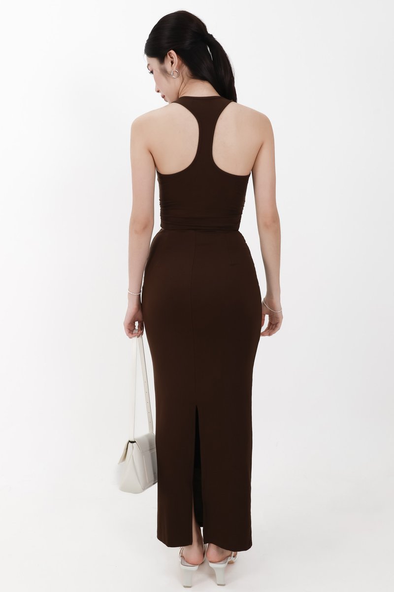 Corina Co-ord Ruched Maxi Skirt in Dark Brown ( Regular Length )