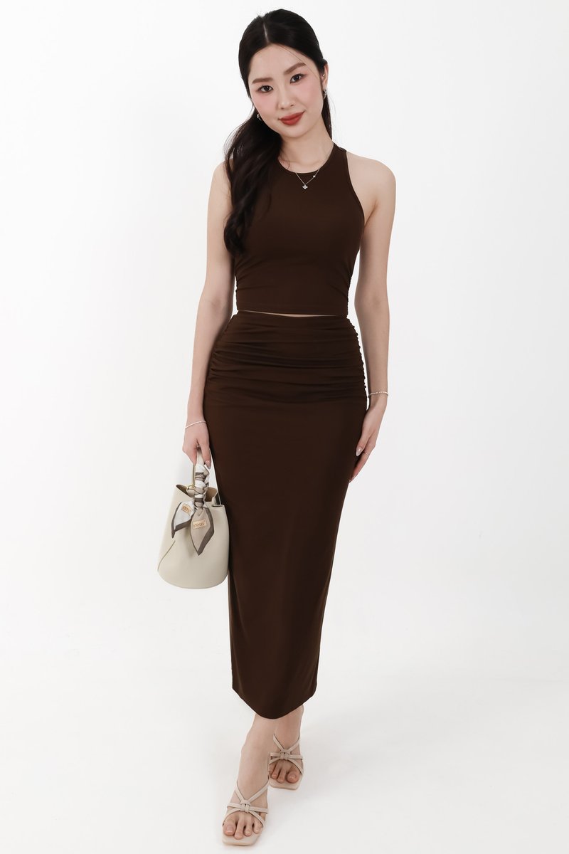 Corina Co-ord Ruched Maxi Skirt in Dark Brown ( Petite Length )