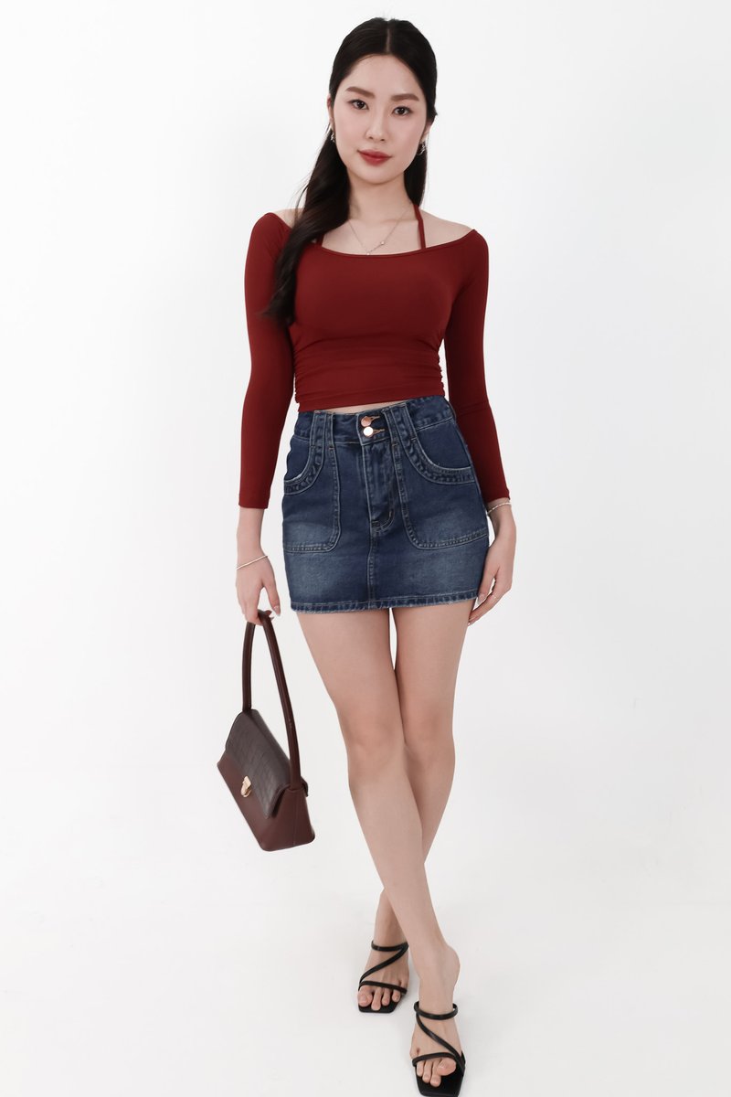Ode Offshoulder Halter Sleeved Top in Muted Red