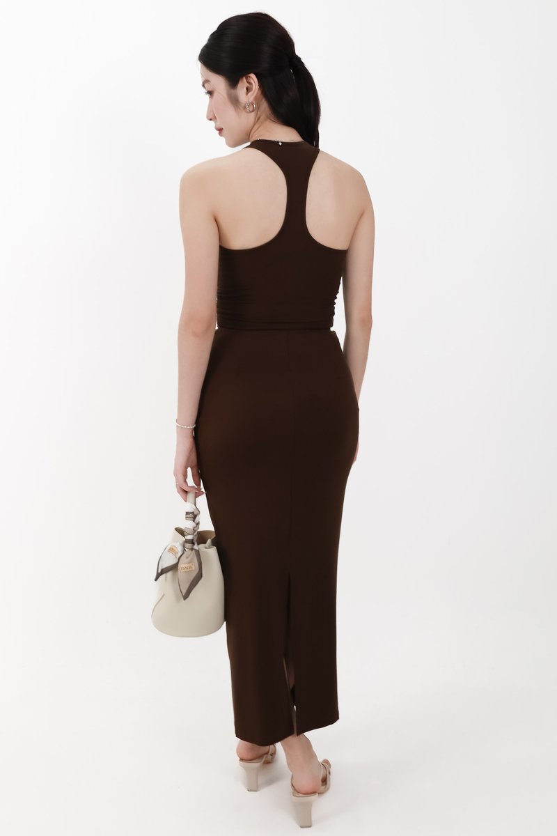 Corina Co-ord Ruched Maxi Skirt in Dark Brown ( Petite Length )