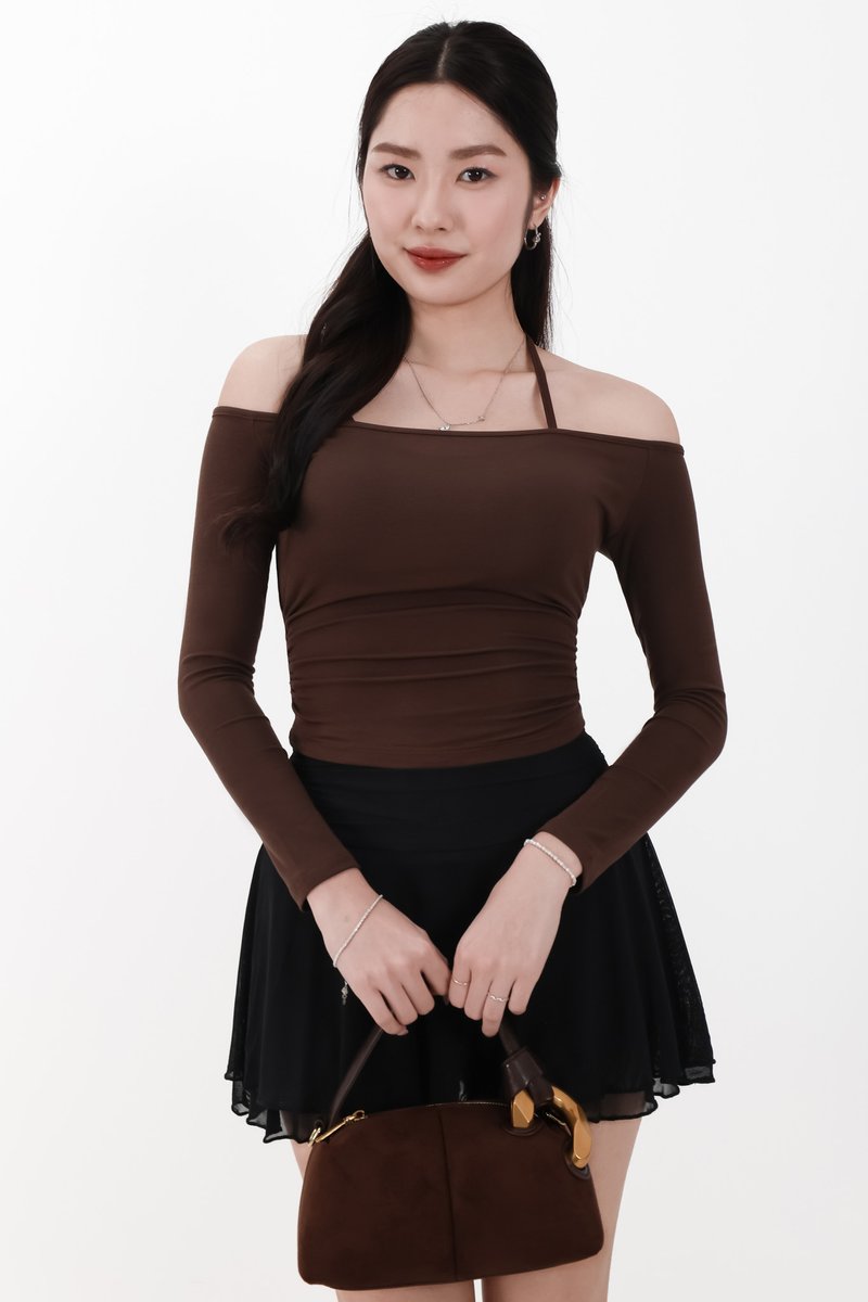 Ode Offshoulder Halter Sleeved Top in Dark Brown