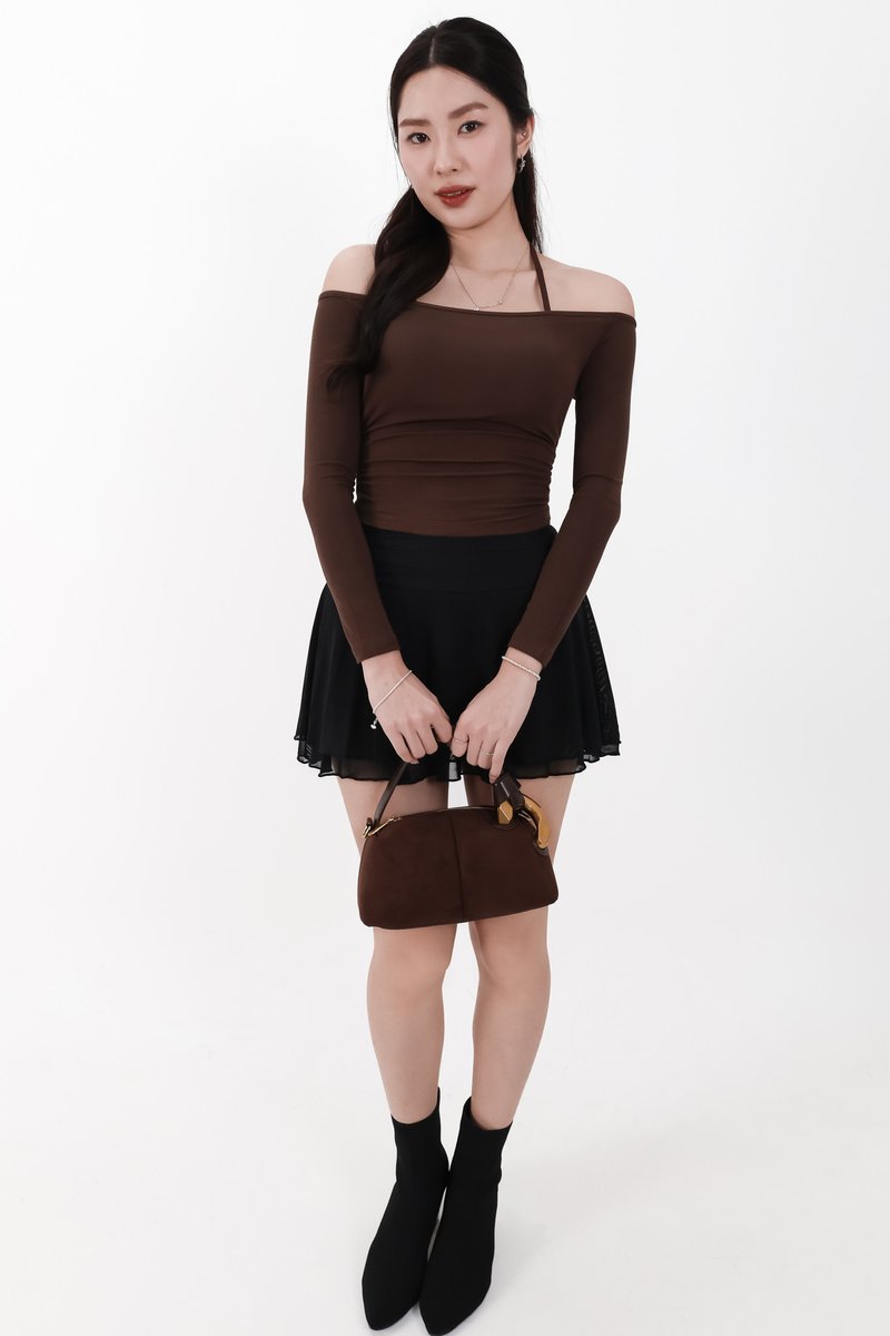 Ode Offshoulder Halter Sleeved Top in Dark Brown