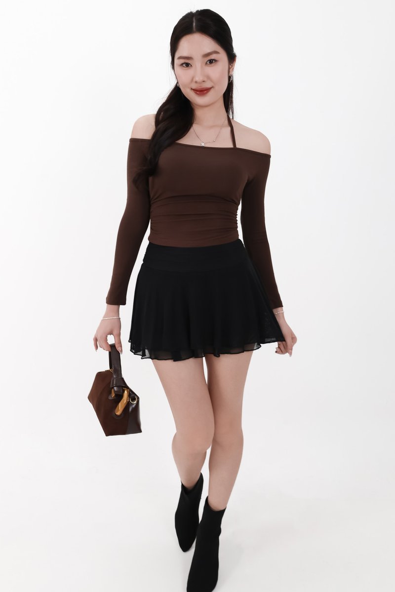 Ode Offshoulder Halter Sleeved Top in Dark Brown