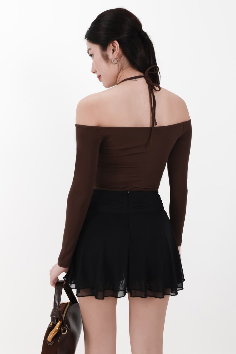 Ode Offshoulder Halter Sleeved Top in Dark Brown