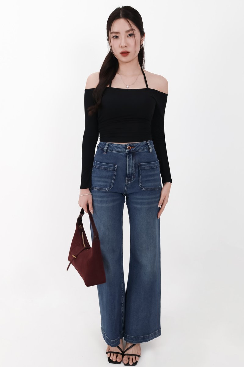 Ode Offshoulder Halter Sleeved Top in Black