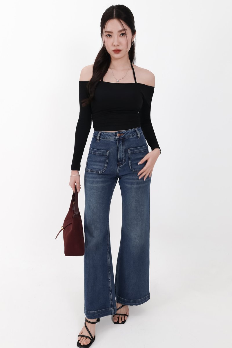 Ode Offshoulder Halter Sleeved Top in Black