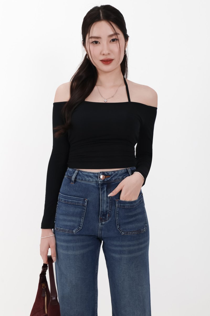 Ode Offshoulder Halter Sleeved Top in Black