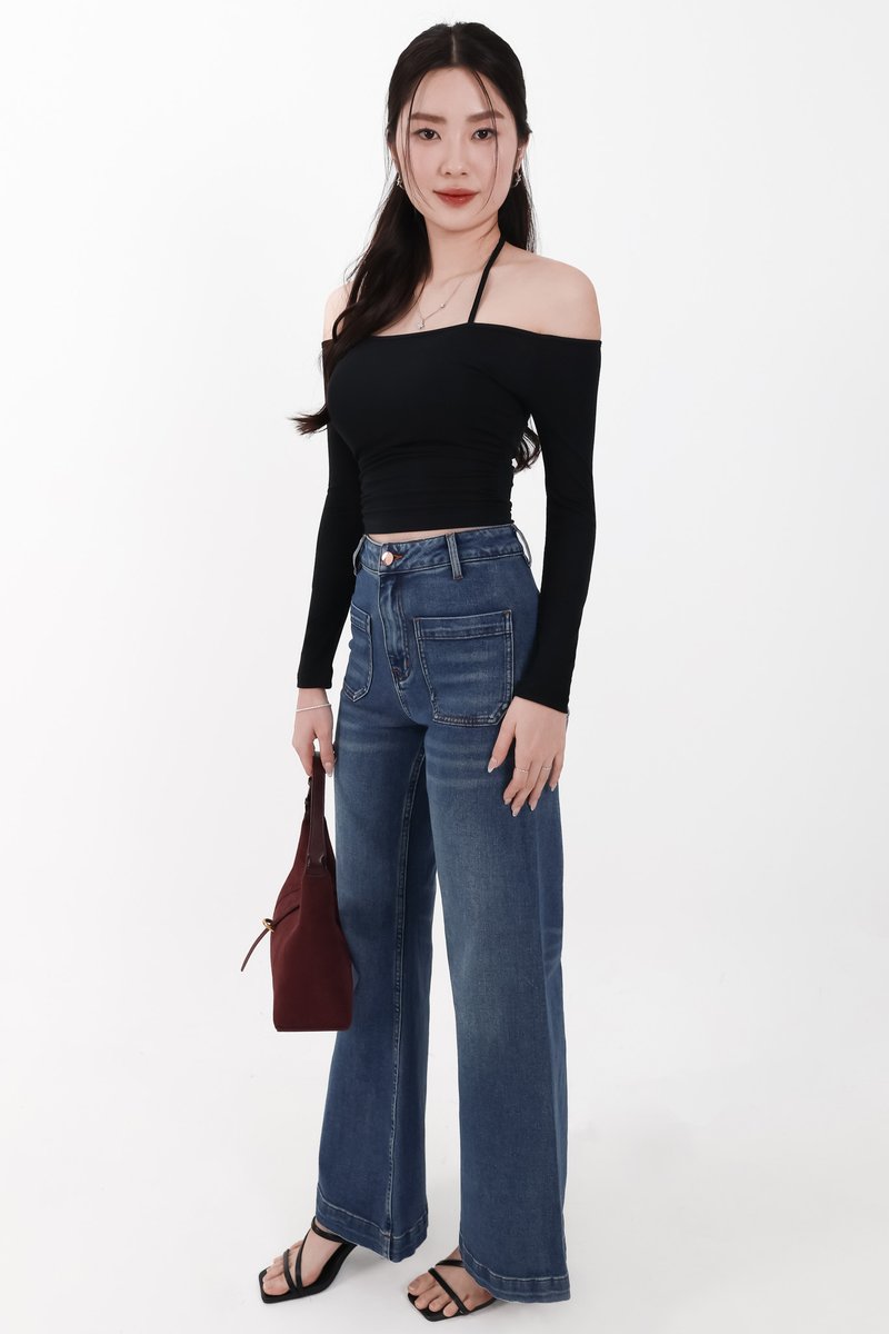 Ode Offshoulder Halter Sleeved Top in Black