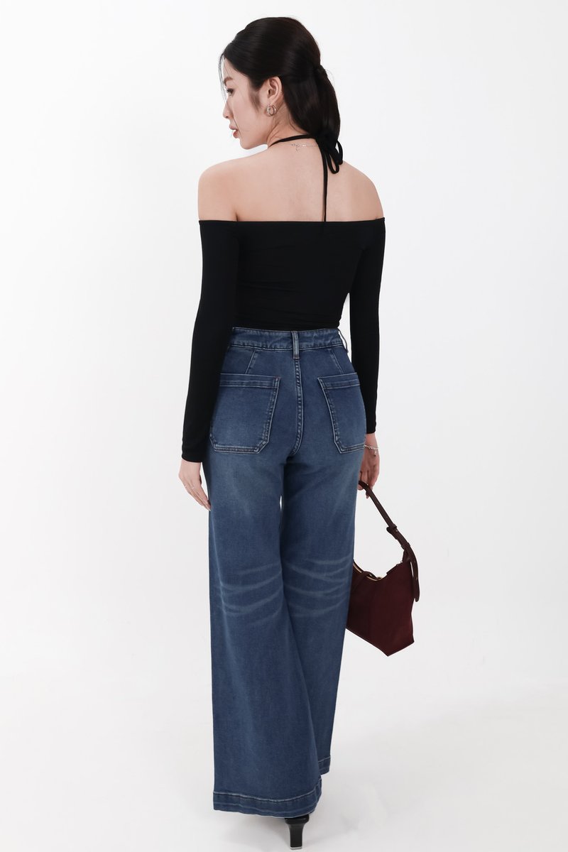Ode Offshoulder Halter Sleeved Top in Black