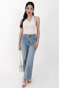 Sam Straight Cut Cuffed Hem Denim Jeans in Light Wash ( Regular Length )