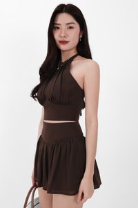 Camila Co-ord Halter Ruched Top in Dark Brown