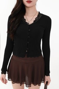 RESTOCKS | Rayn Ribbed Lace Trim Cardigan in Black