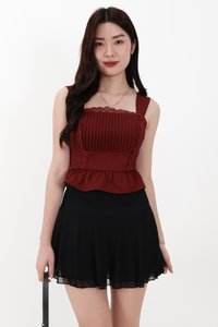 Pam Pleated Peplum Two Way Top in Dark Red