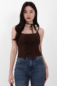 Roxanne Ruched Top with Sash in Brown