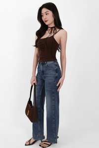 Roxanne Ruched Top with Sash in Brown