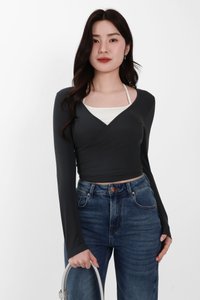 Wendy Wrap Sleeved Top in Dark Grey