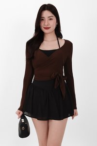 Wendy Wrap Sleeved Top in Brown