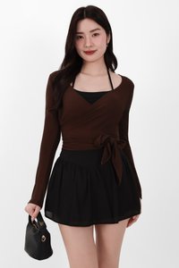 Wendy Wrap Sleeved Top in Brown