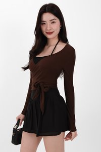 Wendy Wrap Sleeved Top in Brown