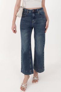 Sam Straight Cut Cuffed Hem Denim Jeans in Dark Wash ( Petite Length )