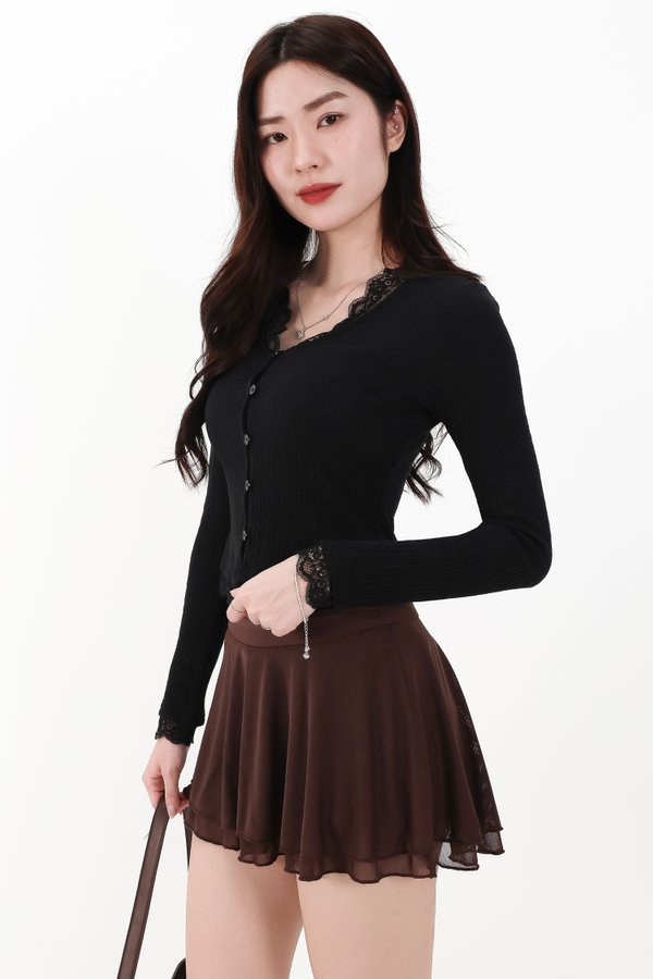 RESTOCKS | Rayn Ribbed Lace Trim Cardigan in Black