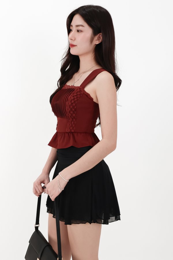 Pam Pleated Peplum Two Way Top in Dark Red