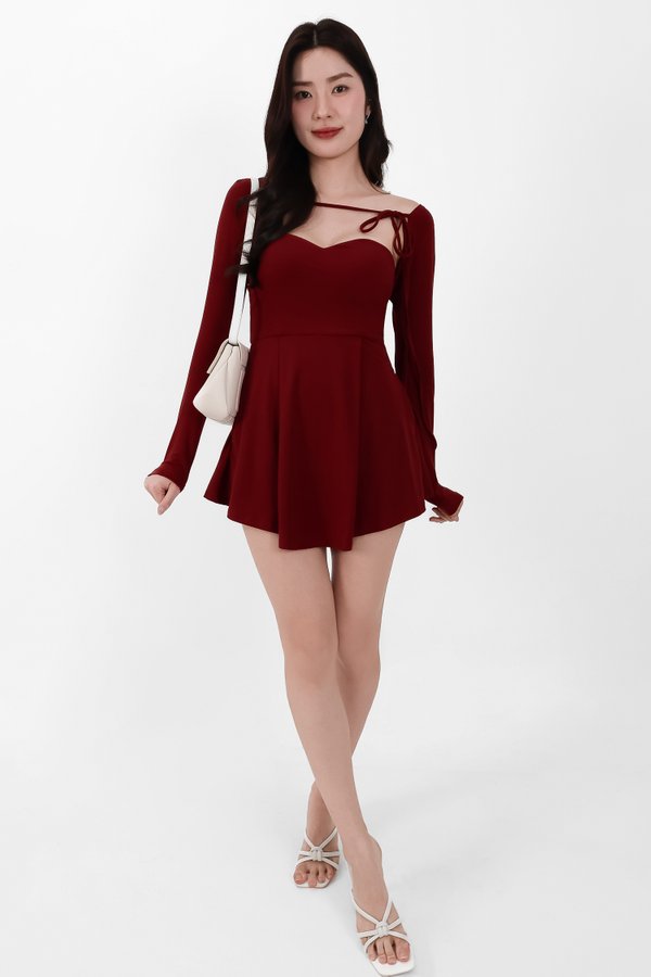 Bambi Bolero Romper Dress Set in Dark Red