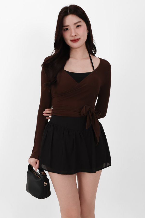 Wendy Wrap Sleeved Top in Brown