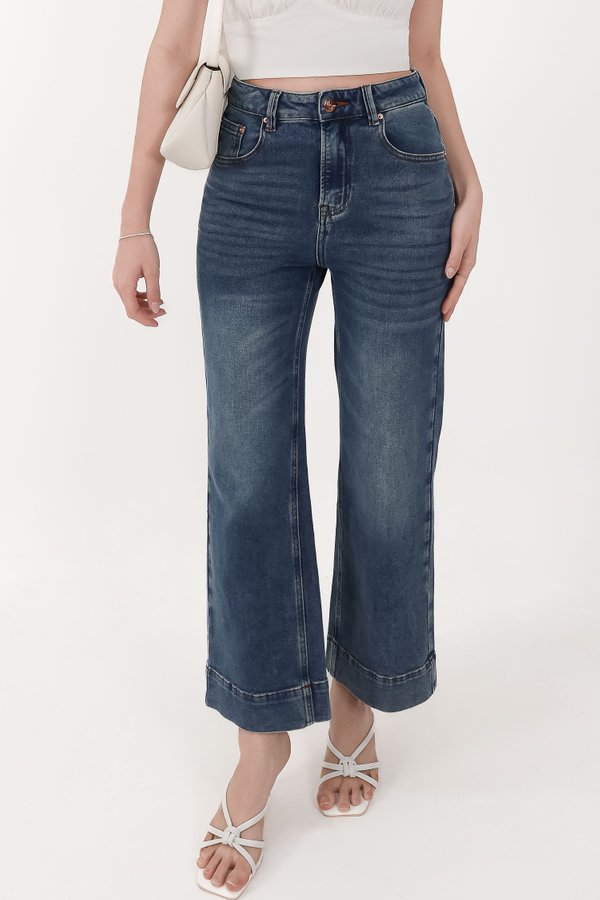 Sam Straight Cut Cuffed Hem Denim Jeans in Dark Wash ( Petite Length )