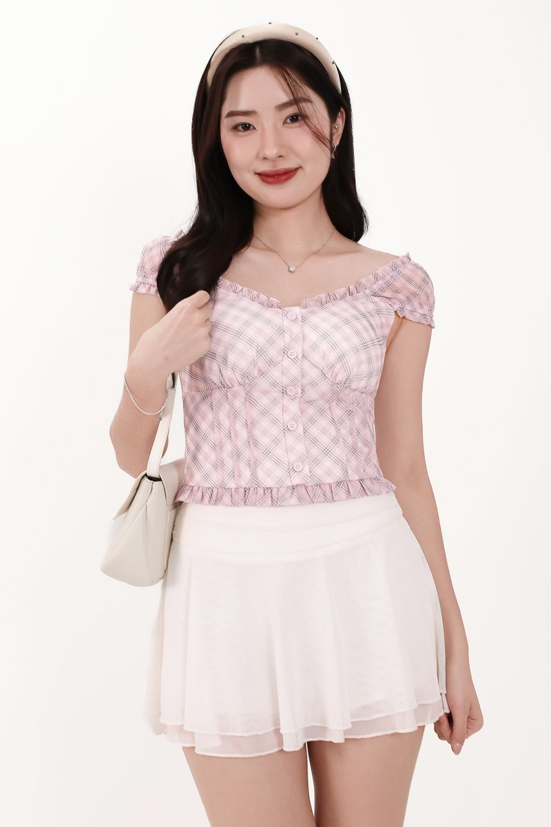 Paula Plaid Sleeved Top in Light Pink