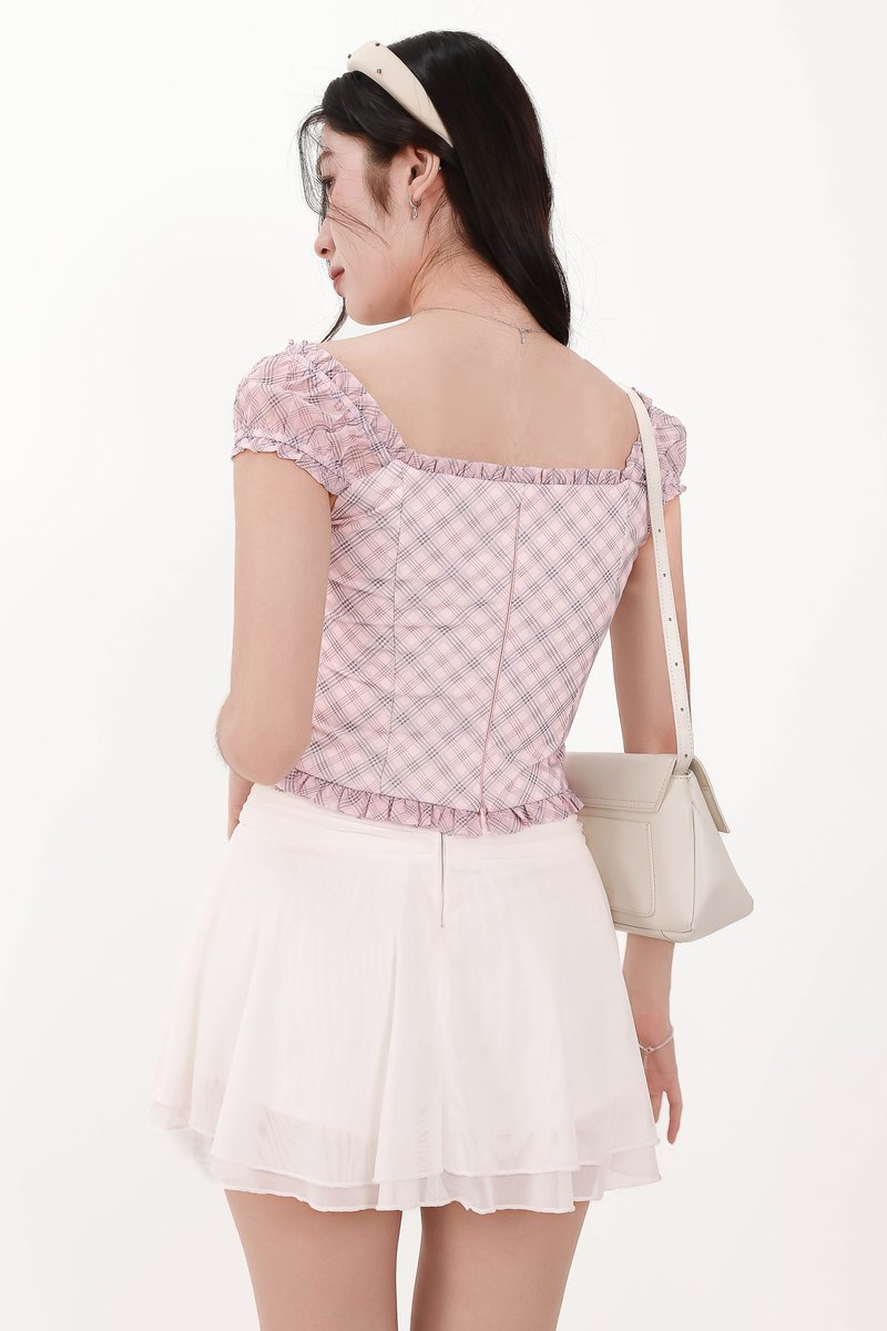 Paula Plaid Sleeved Top in Light Pink